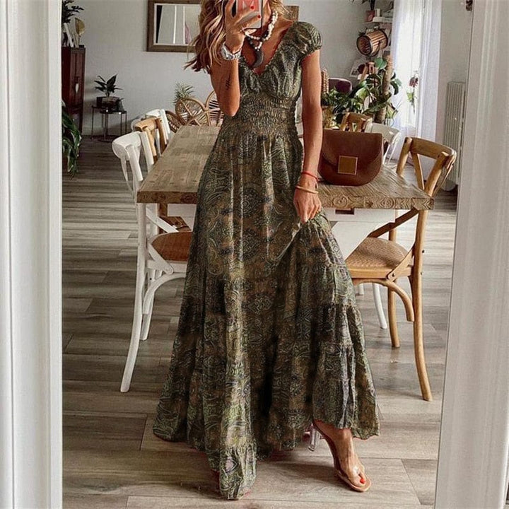 Airy women's maxi dress with ethnic print & V-neck – Nayeli-Gray Green-S-The Livary