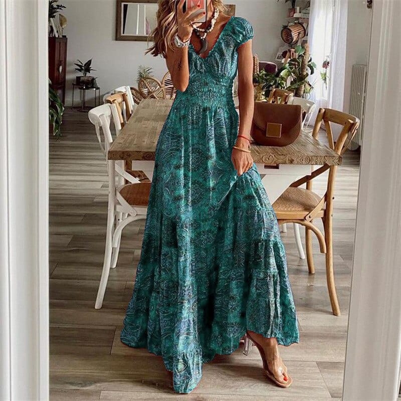 Airy women's maxi dress with ethnic print & V-neck – Nayeli-Cyan-S-The Livary