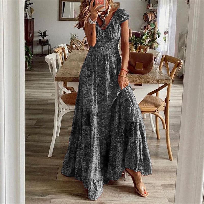 Airy women's maxi dress with ethnic print & V-neck – Nayeli-Grey-S-The Livary