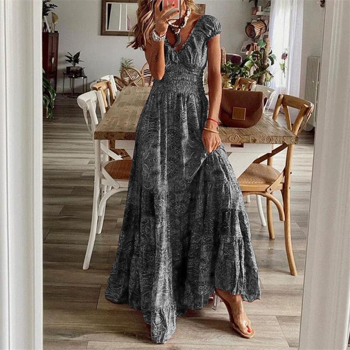 Airy women's maxi dress with ethnic print & V-neck – Nayeli-Grey-S-The Livary