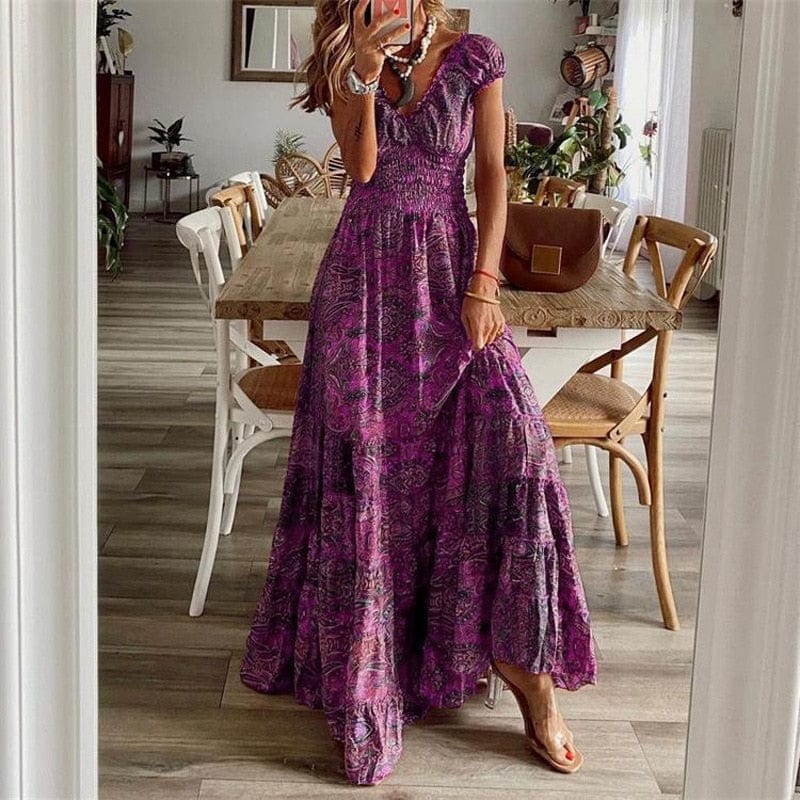 Airy women's maxi dress with ethnic print & V-neck – Nayeli-Violet-S-The Livary