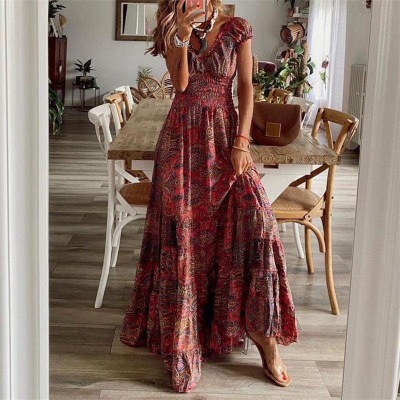 Airy women's maxi dress with ethnic print & V-neck – Nayeli-Red-S-The Livary