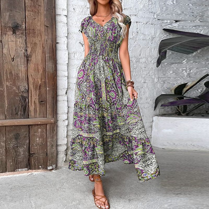 Airy women's maxi dress with ethnic print & V-neck – Nayeli-Purple-S-The Livary