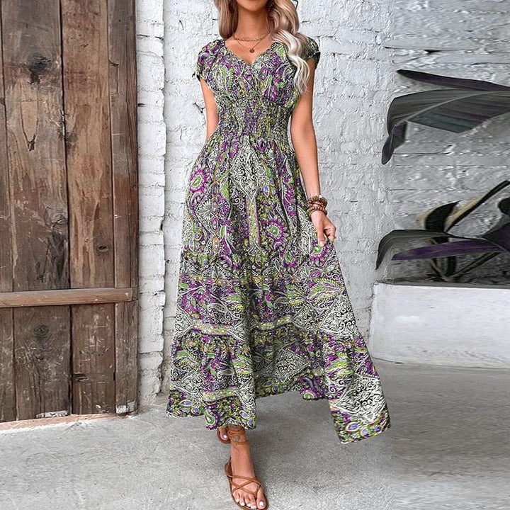 Airy women's maxi dress with ethnic print & V-neck – Nayeli-Purple-S-The Livary