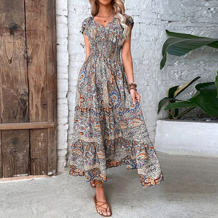 Airy women's maxi dress with ethnic print & V-neck – Nayeli-Brown-S-The Livary