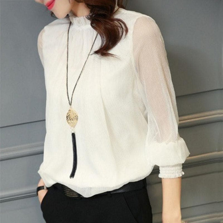 Stylish ladies' chiffon blouse with ruffles & transparent sleeves – Elina-White-S-The Livary
