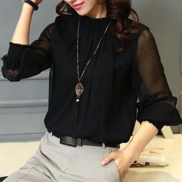 Stylish ladies' chiffon blouse with ruffles & transparent sleeves – Elina-Black-S-The Livary