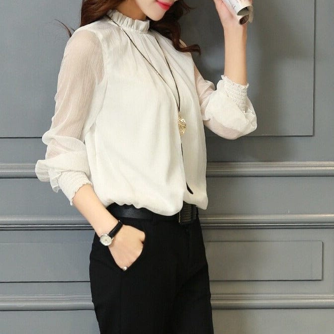 Stylish ladies' chiffon blouse with ruffles & transparent sleeves – Elina-Green-S-The Livary