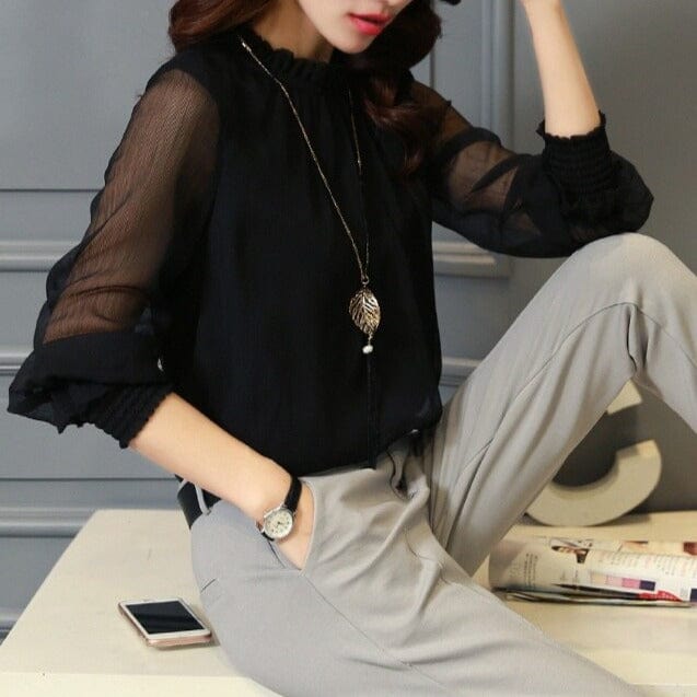Stylish ladies' chiffon blouse with ruffles & transparent sleeves – Elina-Green-S-The Livary