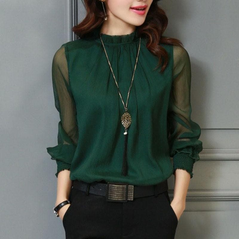Stylish ladies' chiffon blouse with ruffles & transparent sleeves – Elina-Green-S-The Livary