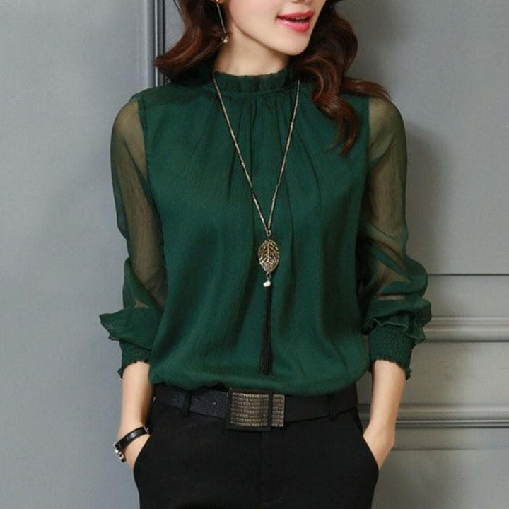 Stylish ladies' chiffon blouse with ruffles & transparent sleeves – Elina-Green-S-The Livary