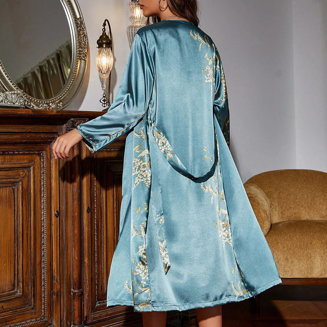 Two-Piece Satin Nightwear Set for Women with Slip Dress & Kimono – Salena-Blue-S-The Livary