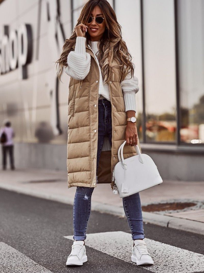 Comfortable Knee-Length Ladies Bodywarmer - Livia-Beige-S-The Livary
