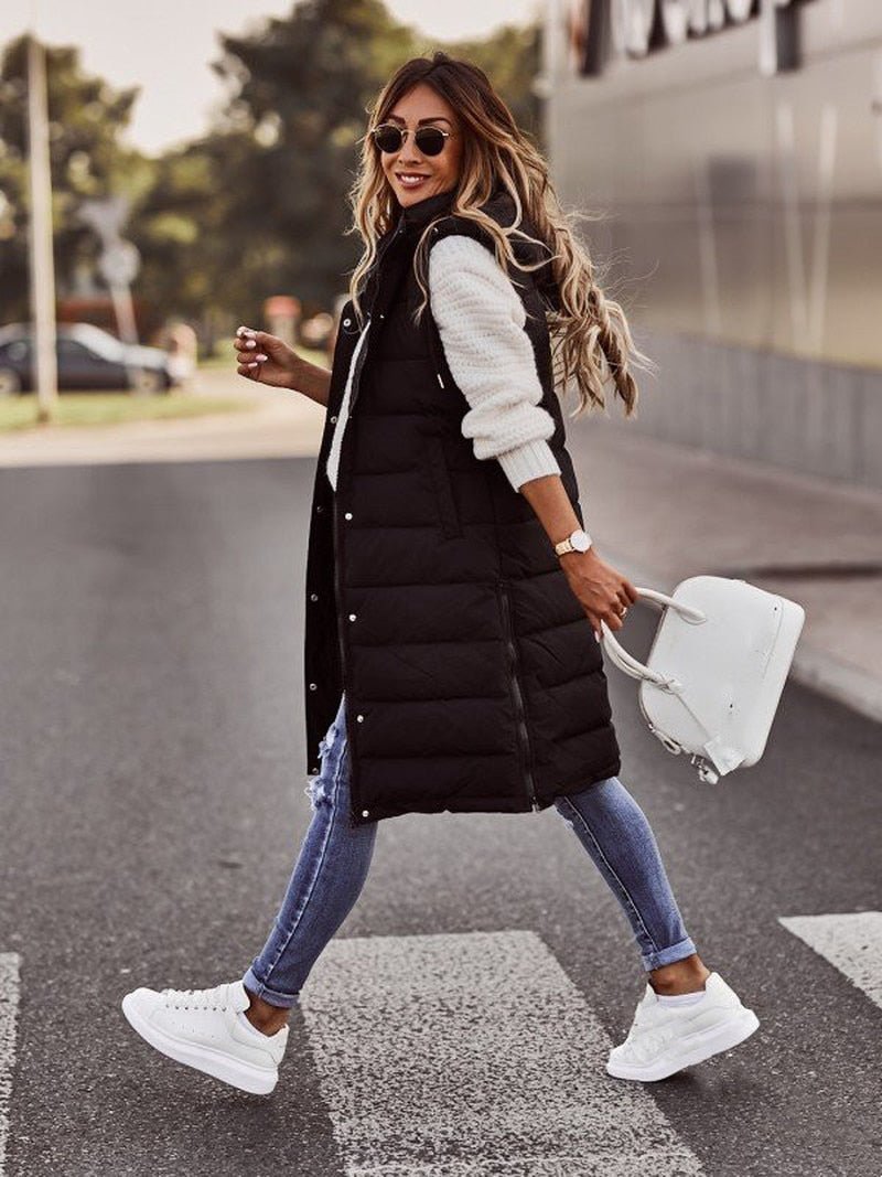 Knee-Length Padded Ladies Bodywarmer - Aurora-Black-S (32-34)-The Livary