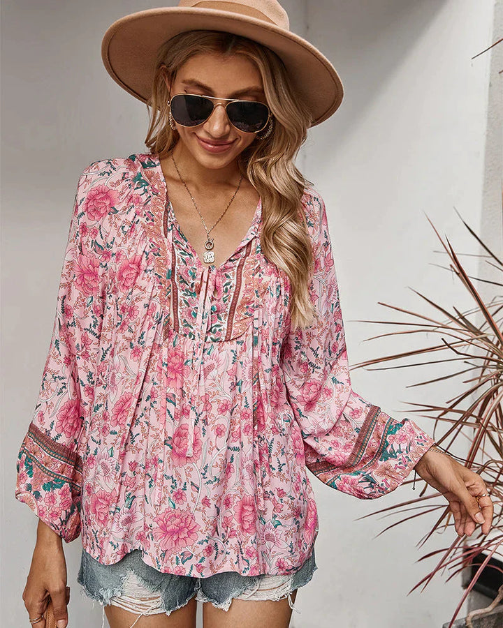 Vintage Boho summer blouse with floral print and long sleeves – Sana-Pink-S-The Livary