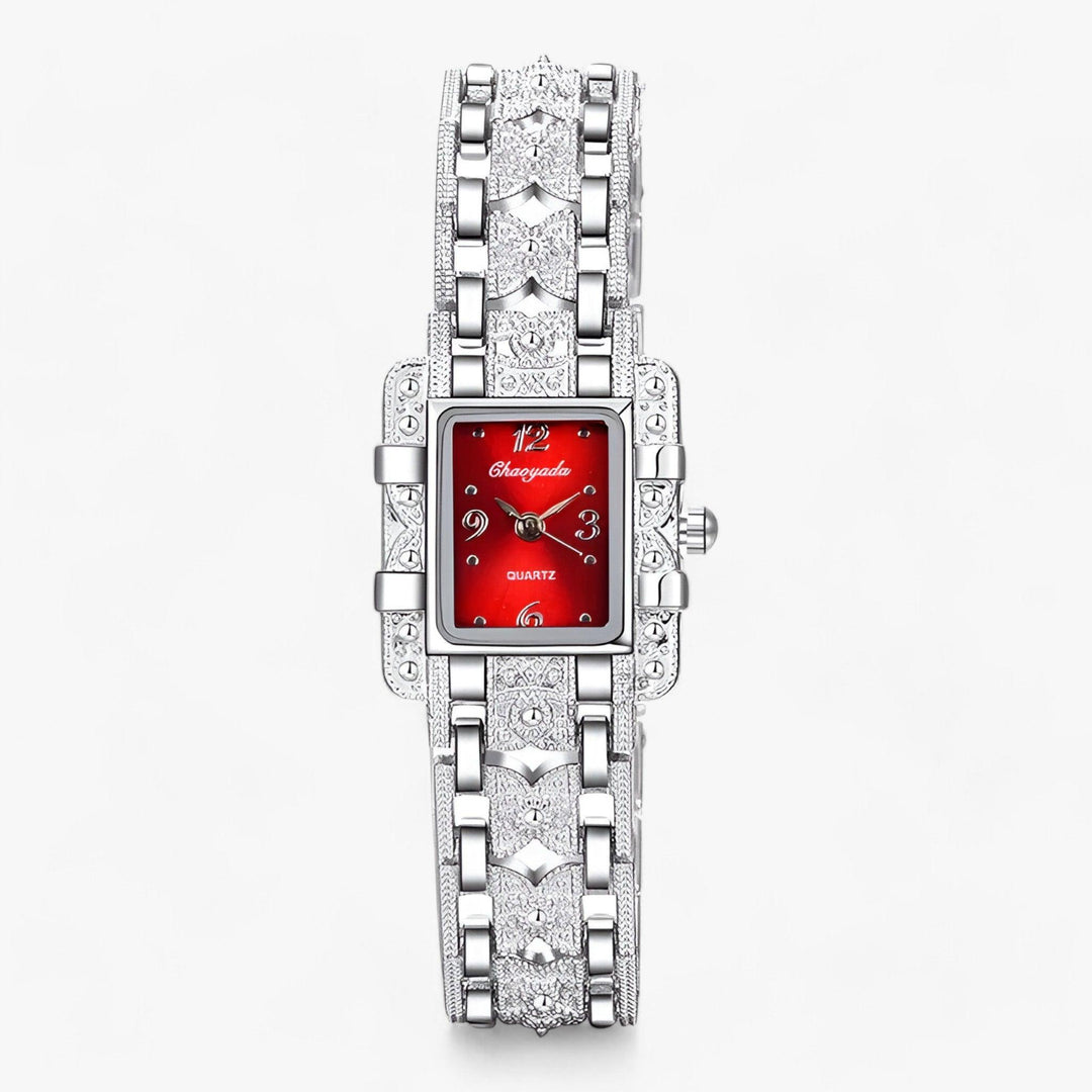 Stylish Watch with Rectangular Dial and Crystals - Camille-Red-The Livary