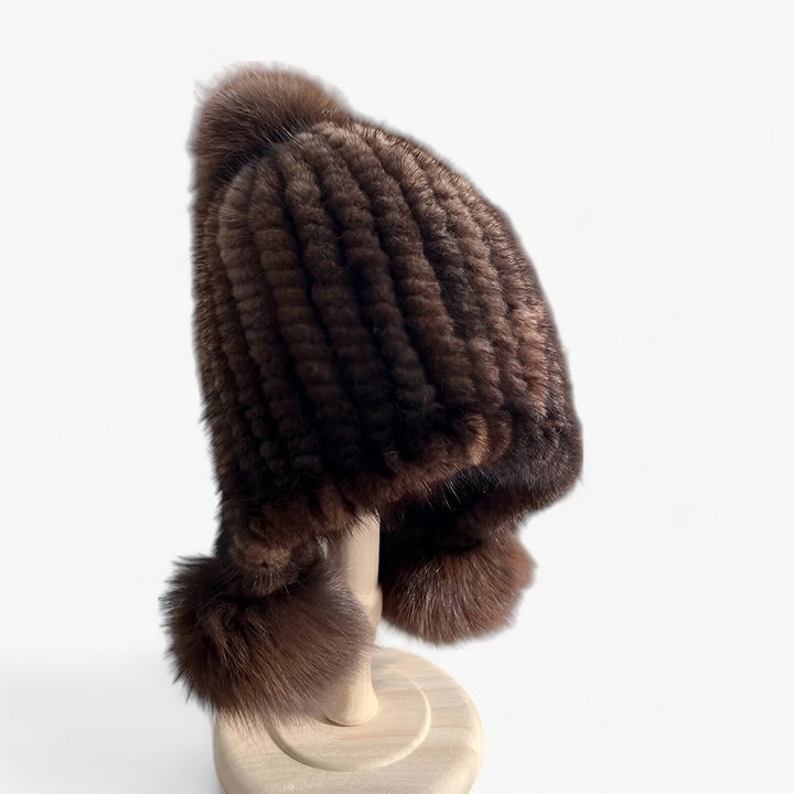 Luxury Fur Hat by Wezel with Fox Fur Pom Pom - Valeria-Chestnut brown-Elastic band-The Livary