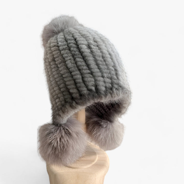 Luxury Fur Hat by Wezel with Fox Fur Pom Pom - Valeria-Grey 2-Elastic band-The Livary