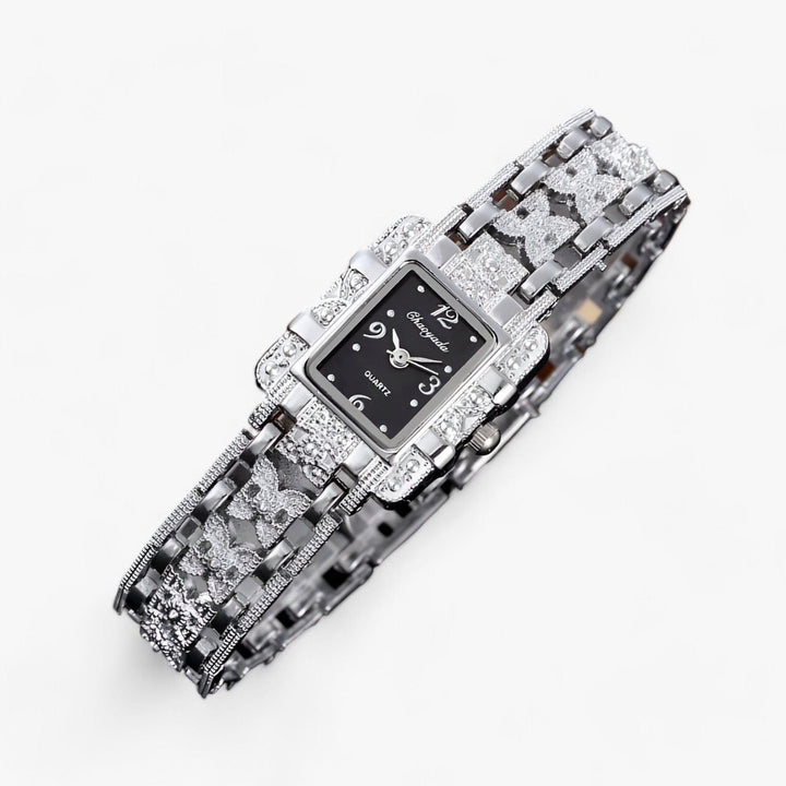 Stylish Watch with Rectangular Dial and Crystals - Camille-Black-The Livary