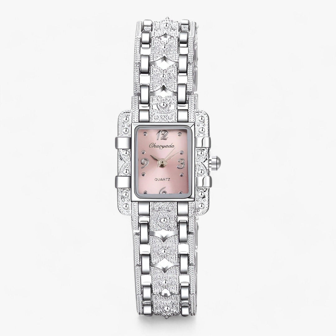 Stylish Watch with Rectangular Dial and Crystals - Camille-Pink-The Livary
