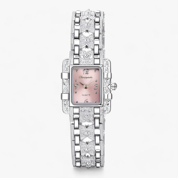 Stylish Watch with Rectangular Dial and Crystals - Camille-Pink-The Livary