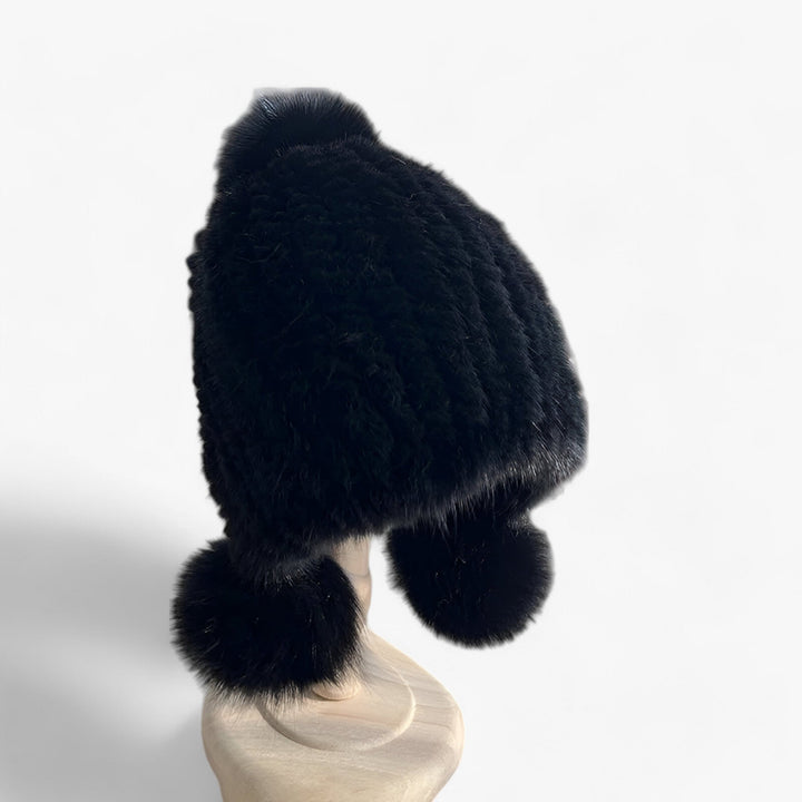 Luxury Fur Hat by Wezel with Fox Fur Pom Pom - Valeria-Black-Elastic band-The Livary