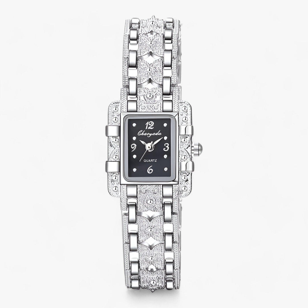 Stylish Watch with Rectangular Dial and Crystals - Camille-Black-The Livary