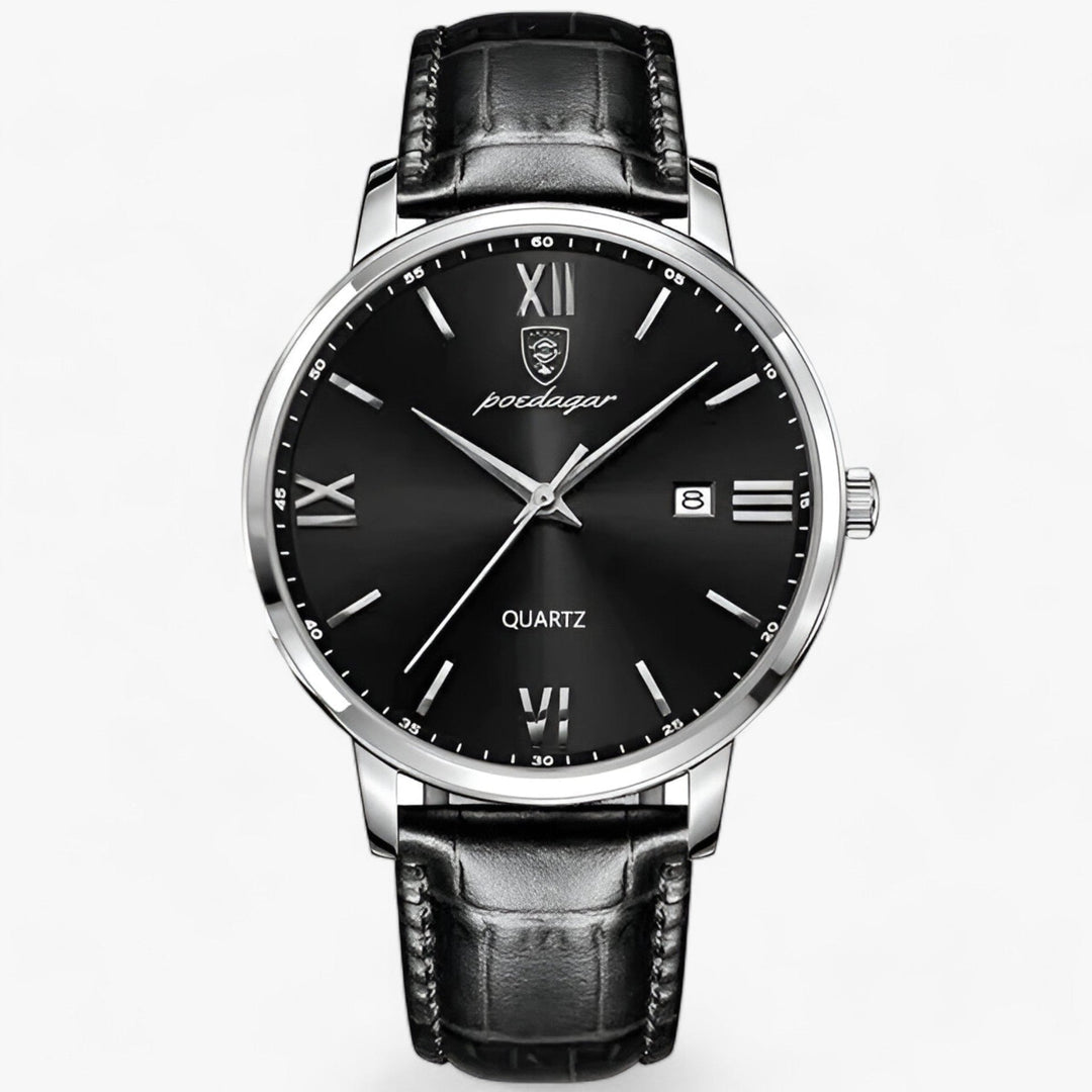 Luxury Men's Watch with Leather Strap – Adrien-Silver Black-The Livary