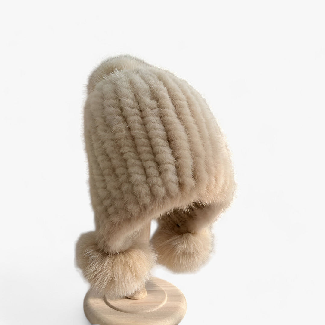 Luxury Fur Hat by Wezel with Fox Fur Pom Pom - Valeria-Beige-Elastic band-The Livary