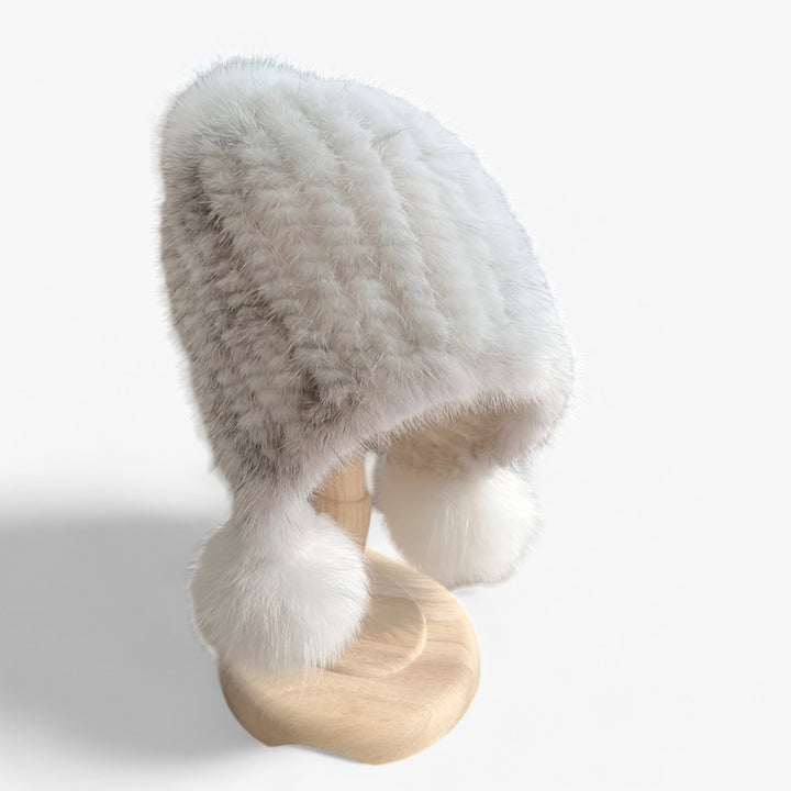 Luxury Fur Hat by Wezel with Fox Fur Pom Pom - Valeria-White cross mink-Elastic band-The Livary