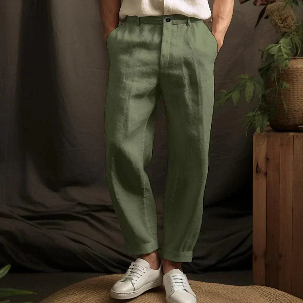 Airy Straight Linen Trousers for Men with Relaxed Fit - Lennox-Green-S-The Livary