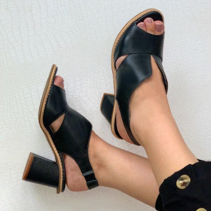 Women’s leather sandals with heel & comfort footbed – Selina-Black-2.5-The Livary