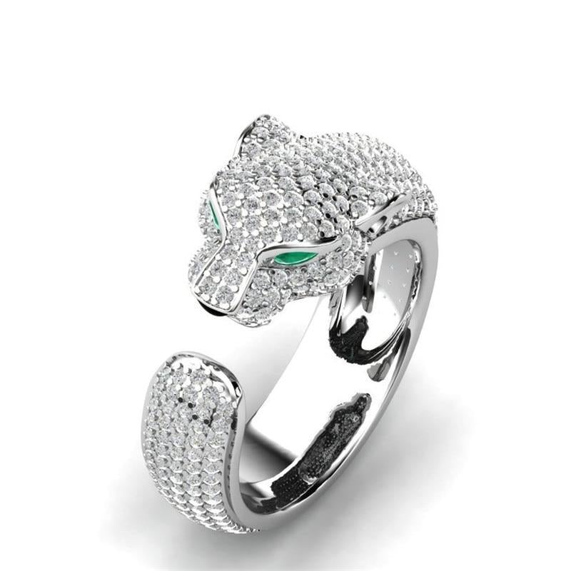 Adjustable Ring in 18K Silver and Rose Gold with Green Zirconia Eyes - Jaguar Ring™-Silver-The Livary