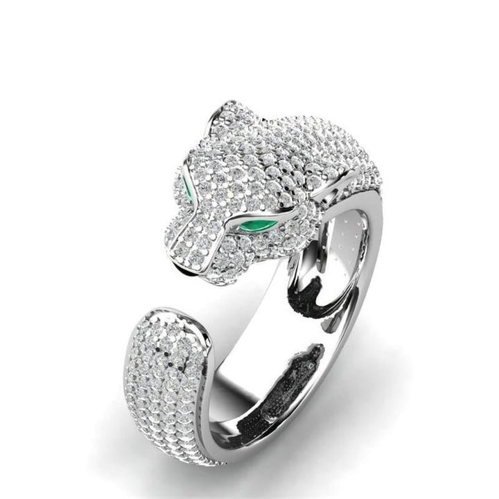Adjustable Ring in 18K Silver and Rose Gold with Green Zirconia Eyes - Jaguar Ring™-Silver-The Livary