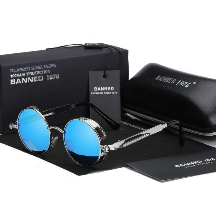 Retro Round Polarised Steampunk Sunglasses – Argo-Silver Blue-The Livary