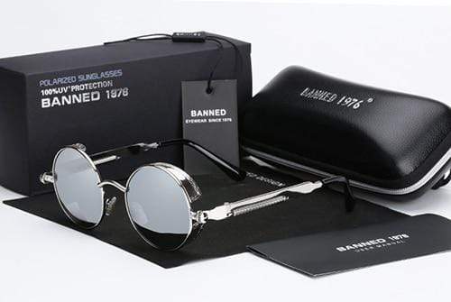 Retro Round Polarised Steampunk Sunglasses – Argo-Silver Black-The Livary