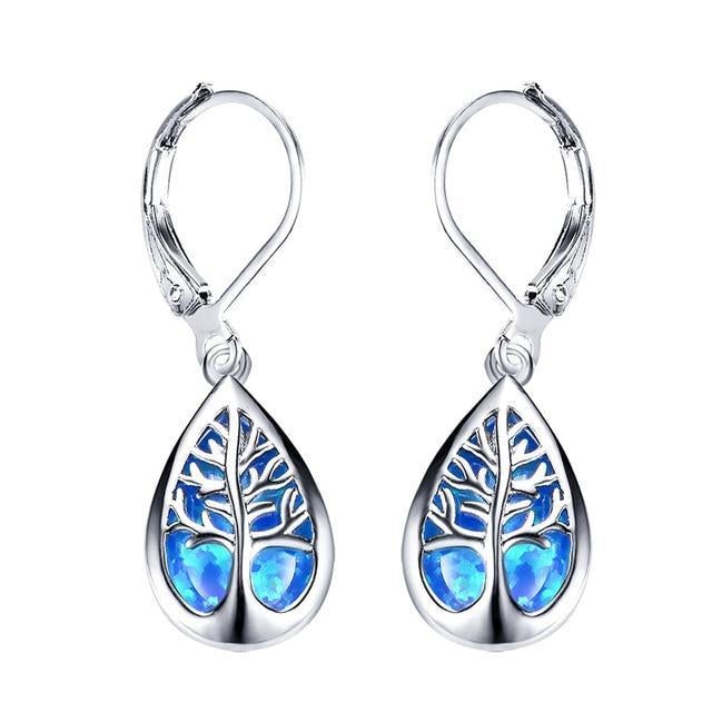 Silver Tree of Life Earrings with Opal - Mireille-Blue-The Livary