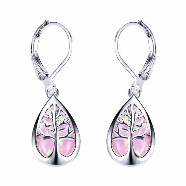 Silver Tree of Life Earrings with Opal - Mireille-Pink-The Livary