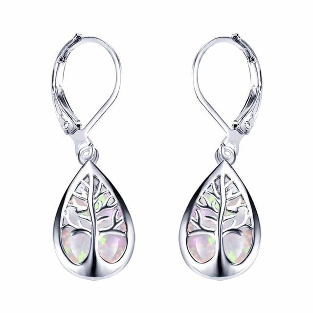 Silver Tree of Life Earrings with Opal - Mireille-White-The Livary