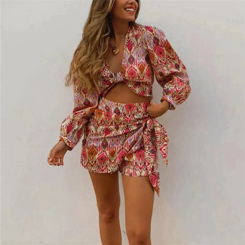 Two-piece wrap skirt set with blouse for women - Lorena-S-The Livary