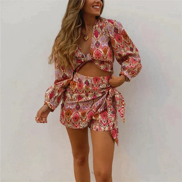 Two-piece wrap skirt set with blouse for women - Lorena-S-The Livary