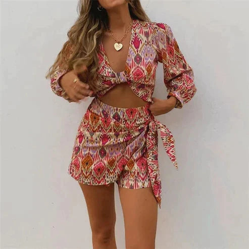Two-piece wrap skirt set with blouse for women - Lorena-S-The Livary