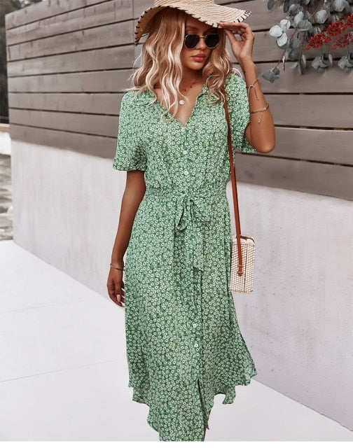 Boho Flower Midi Dress - Isla-Green-S-The Livary