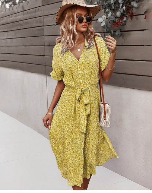 Boho Flower Midi Dress - Isla-Yellow-S-The Livary
