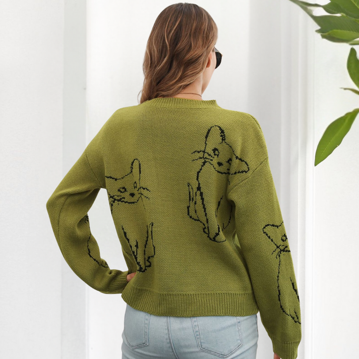 Kebell - Trendy Ladies' Sweater with Cats-Green-XS-The Livary