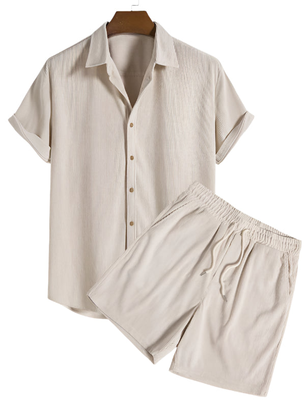 Trendy men's summer set with striped design - Beach Style-Beige-The Livary