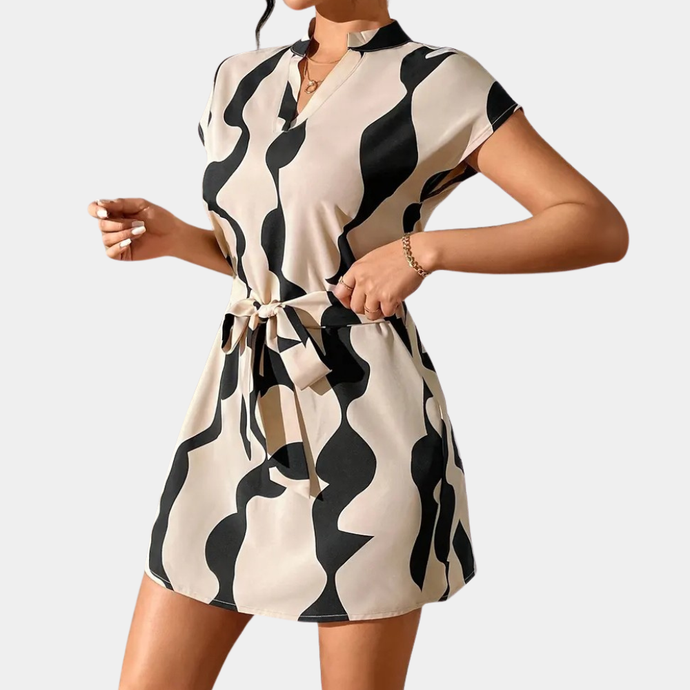 Trendy Beige Dress with Belt - Elena-XS-The Livary