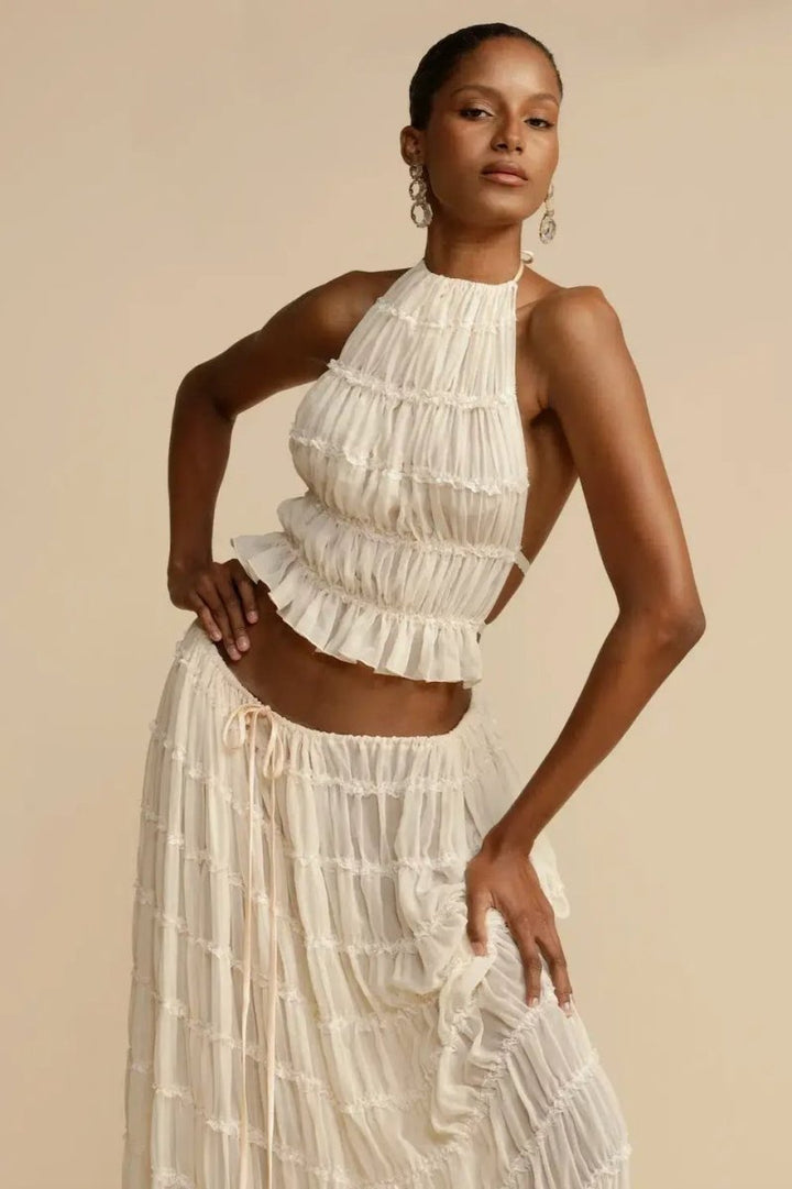 Trendy ladies' summer two-piece with halter top & maxi skirt – Lorena-S-The Livary