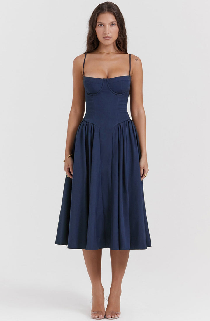 Stylish ladies' summer dress with spaghetti straps & waist corset – Mira-Blue-S-The Livary