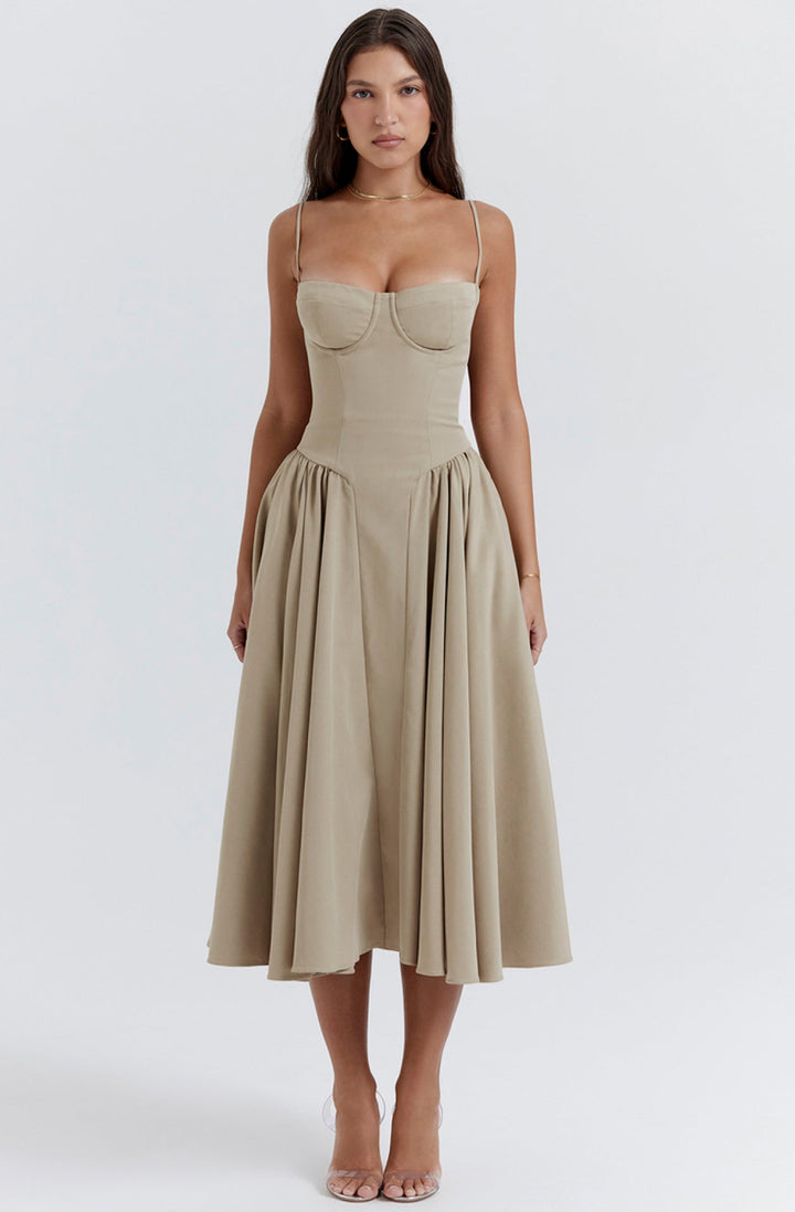 Stylish ladies' summer dress with spaghetti straps & waist corset – Mira-Taupe-S-The Livary